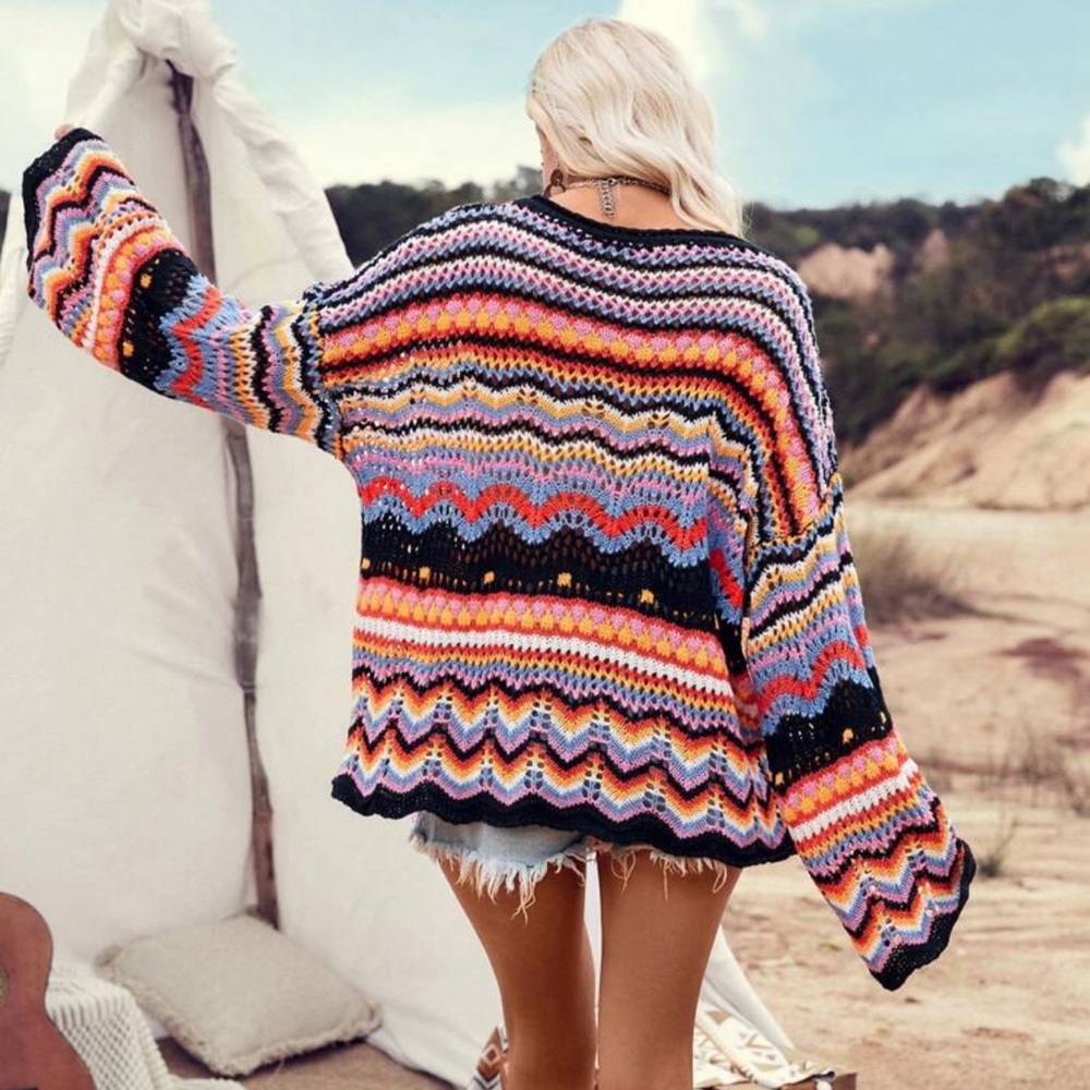 WILA Multicolor Zigzag Crochet Knit Sweater - Black, Pink, Blue, Yellow - Picture 3 of 4